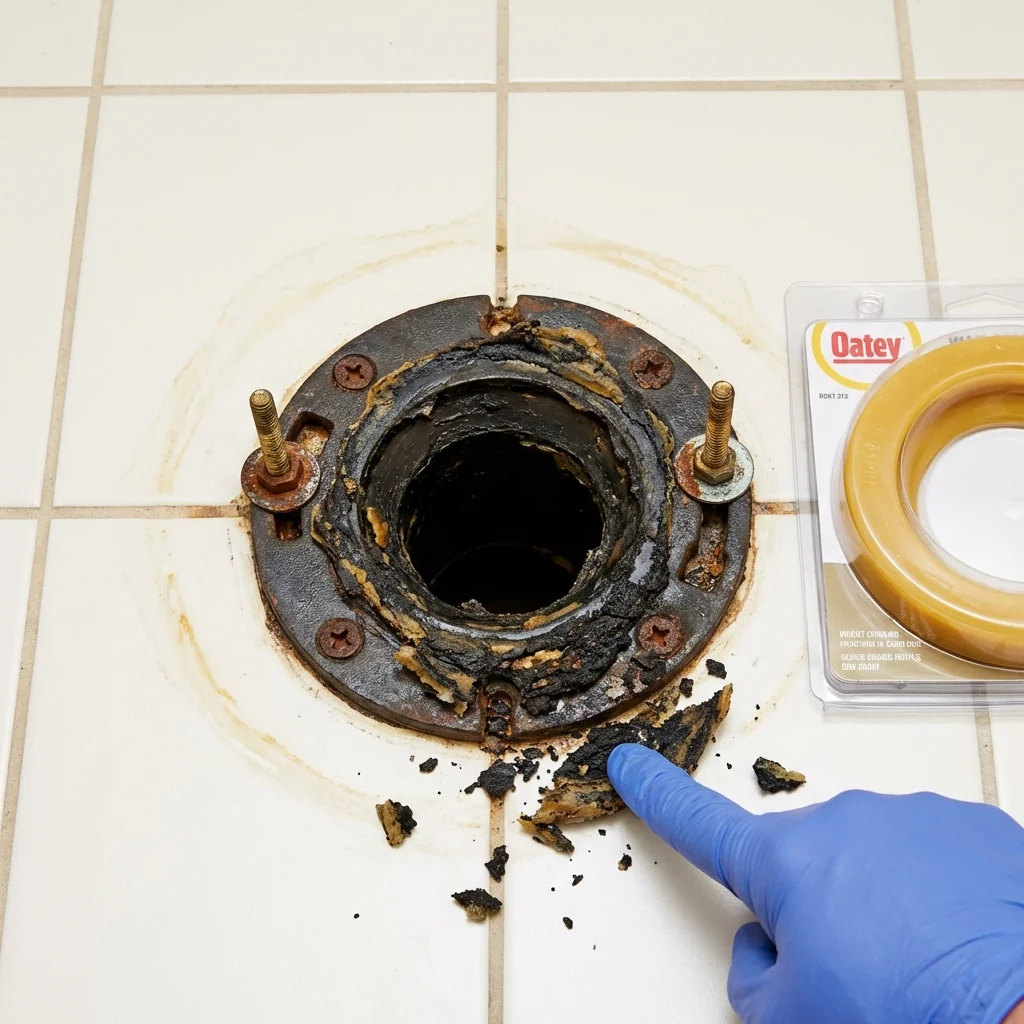 Failed wax ring showing water seepage at the base of a toilet in a Benton, IL home